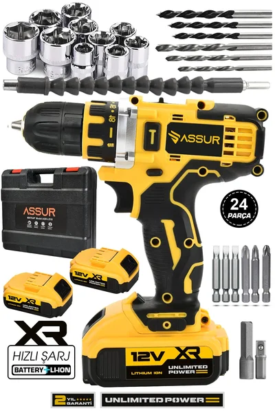 Assur 12V Çift Akü Metal Şanzıman Şarjlı Matkap Akülü Vidalama